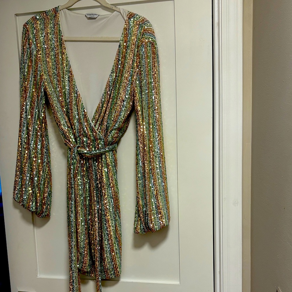 bebe Multicolor Sequin Long Sleeve Dress